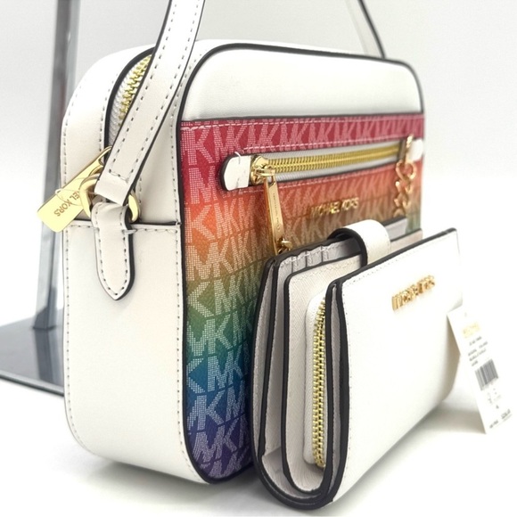 Michael Kors Large Signature Logo Crossbody Bag & Matching Bifold Wallet Rainbow - Picture 4 of 13